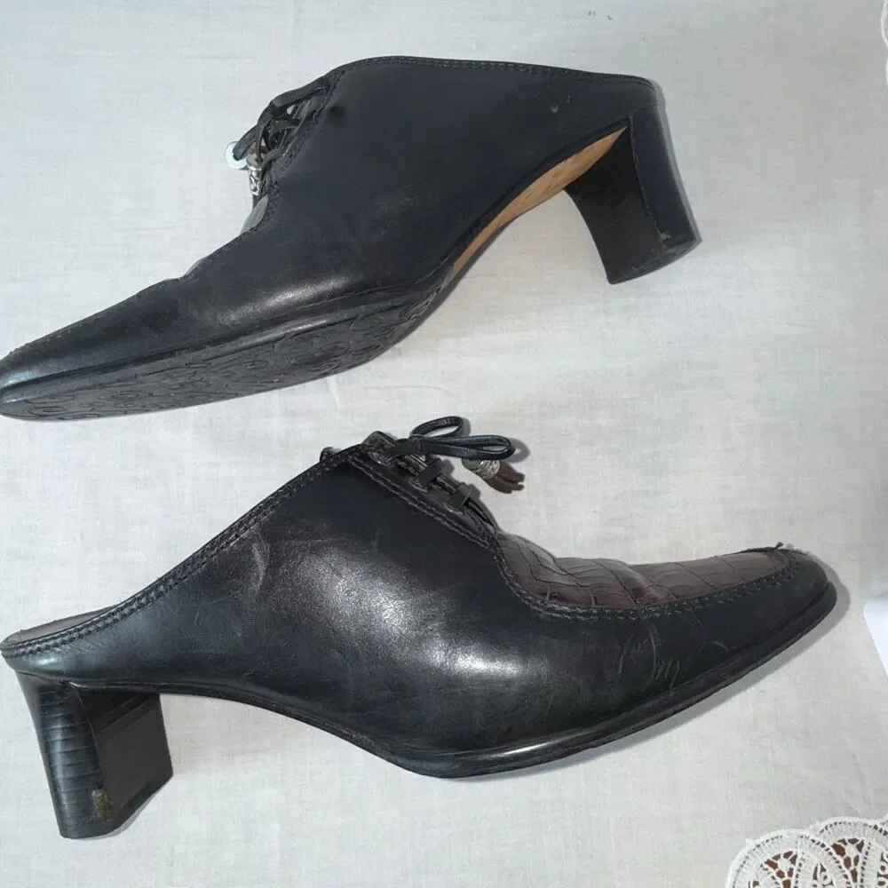 Vintage Brighton Tassle Mules‎ 8.5M Croc Embossed Black Brown Leather Heels Boho